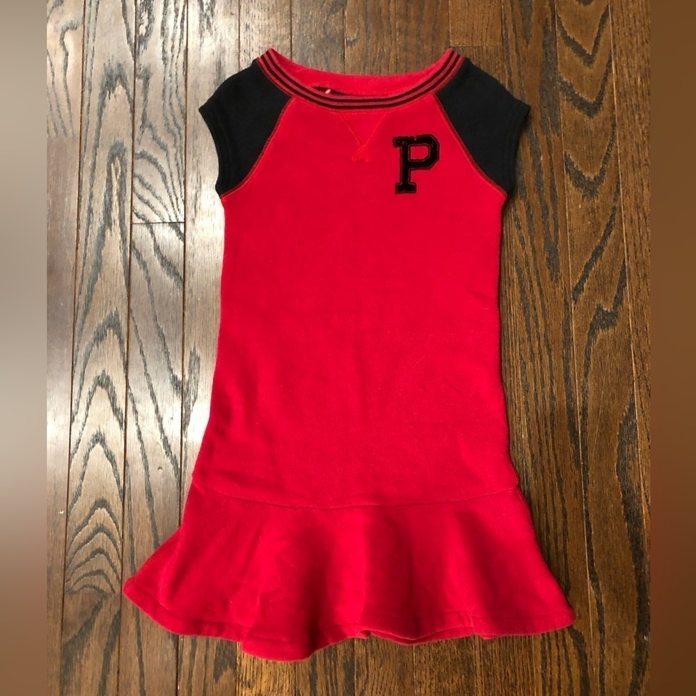 Polo Ralph Lauren Girls 5 Red/Navy Blue Short-Sleeved Thick Cotton Ruffled Dress